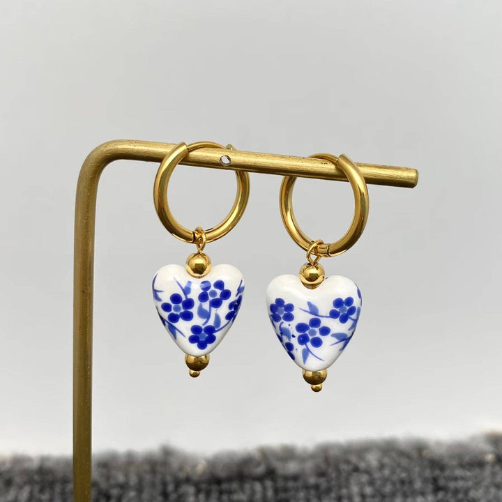 Mio Queena - Blue and White Porcelain 18K Golden SS Huugie Earrings - FGS: A