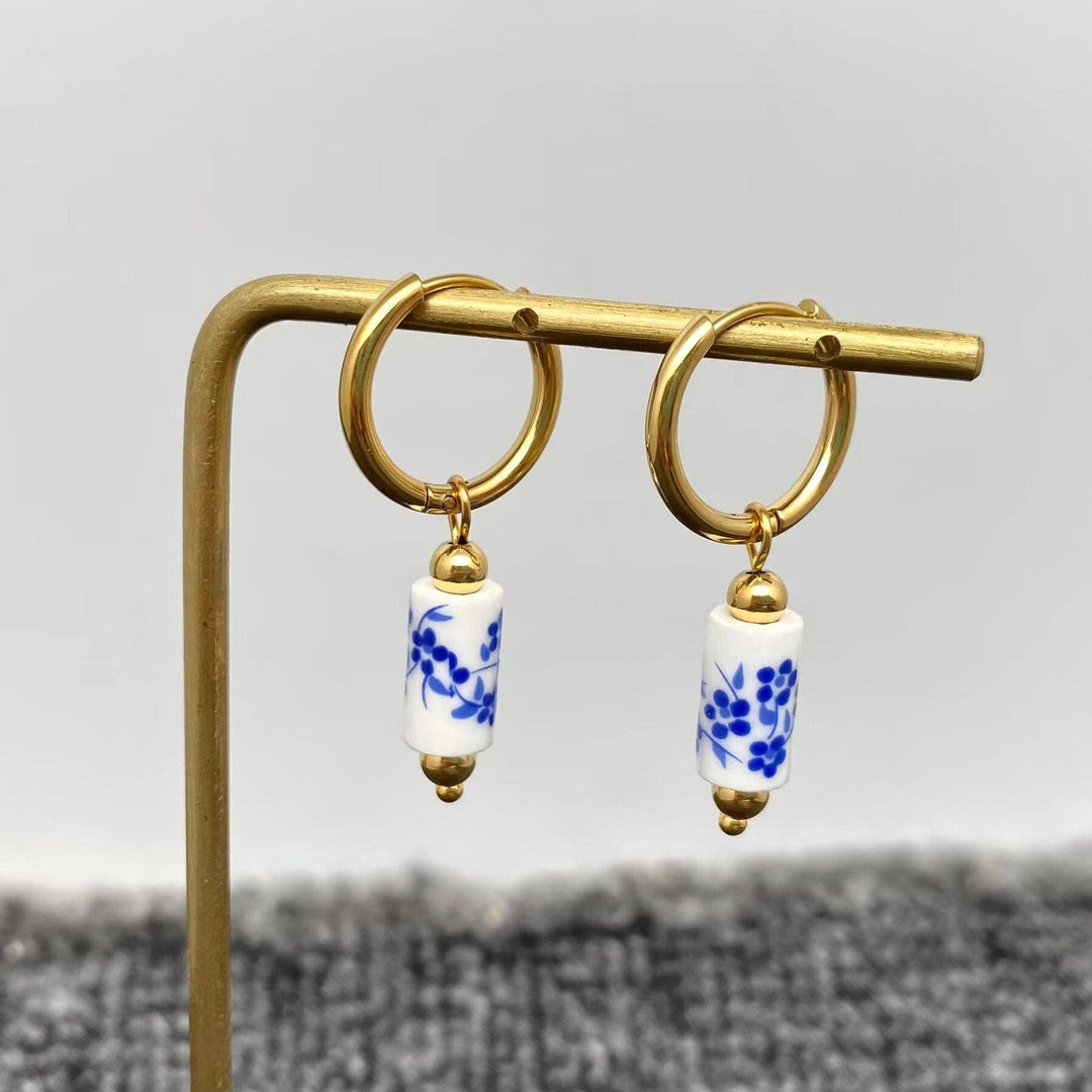 Mio Queena - Blue and White Porcelain 18K Golden SS Huugie Earrings - FGS: A