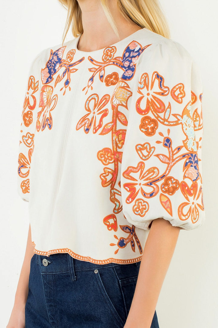 XL Collection- Floral Embroidered Puff Sleeve Top
