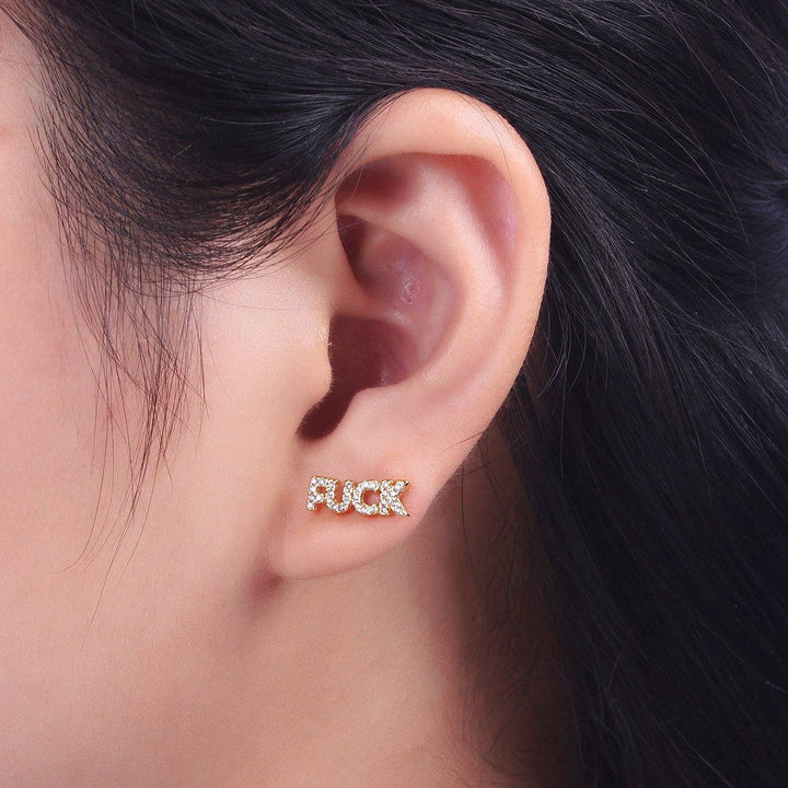 Dainty 18K Gold Filled "FUCK" Script Micro Paved CZ Stud Earrings - Esme and Elodie