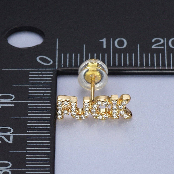 Dainty 18K Gold Filled "FUCK" Script Micro Paved CZ Stud Earrings - Esme and Elodie