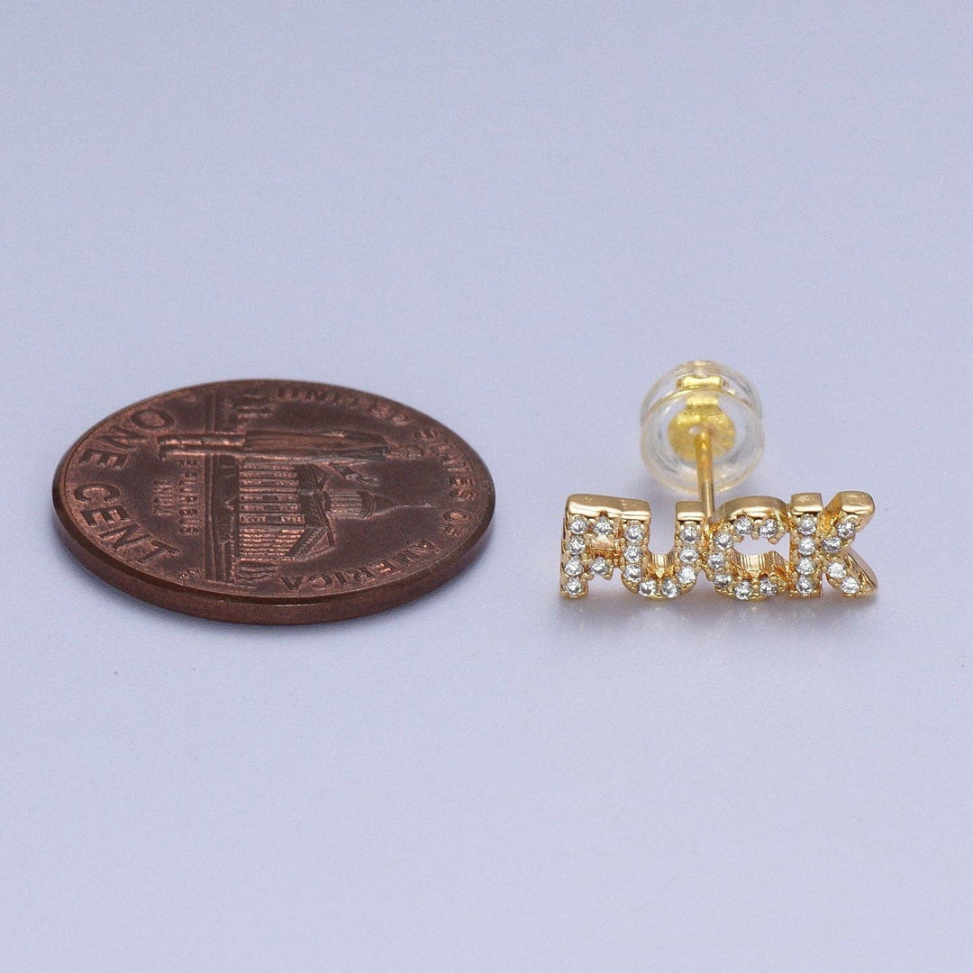 Dainty 18K Gold Filled "FUCK" Script Micro Paved CZ Stud Earrings - Esme and Elodie
