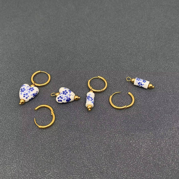Mio Queena - Blue and White Porcelain 18K Golden SS Huugie Earrings - FGS: A