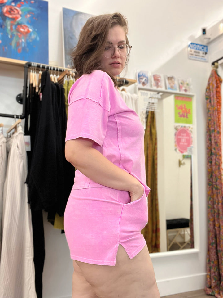 FLASH SALE! Womens Acid Wash Pink Shorts/Tee/Pajama Set - Esme and Elodie
