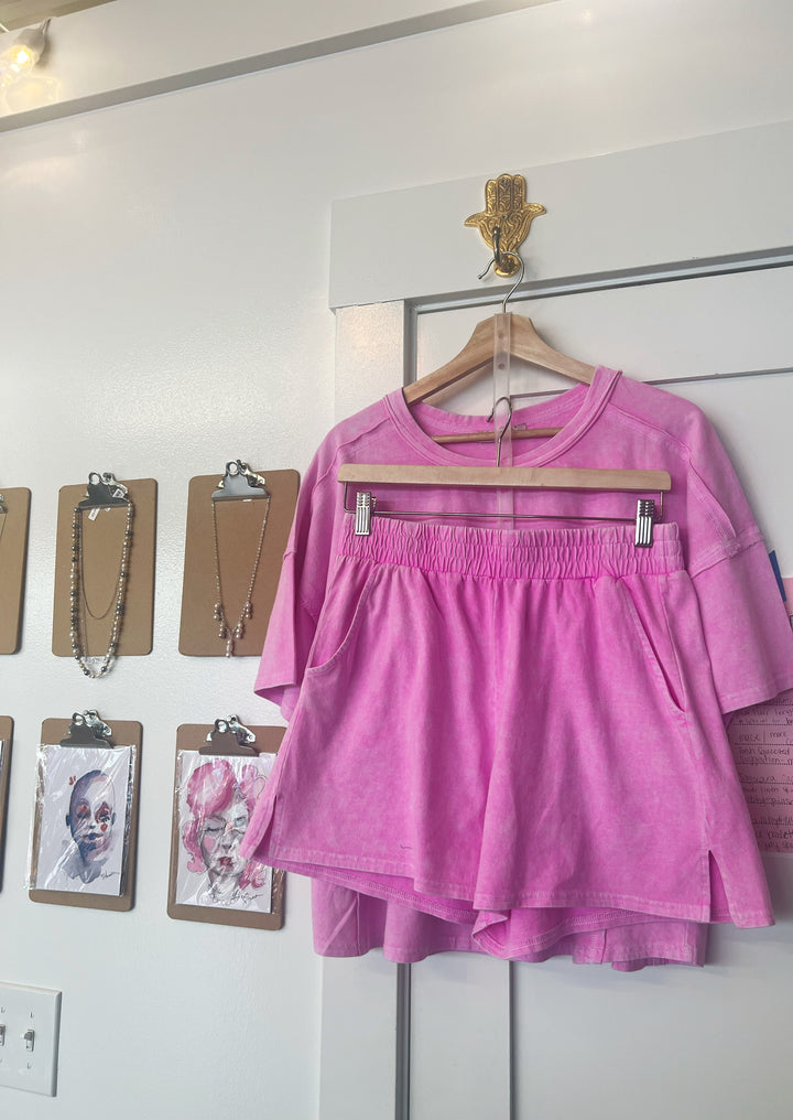 FLASH SALE! Womens Acid Wash Pink Shorts/Tee/Pajama Set - Esme and Elodie