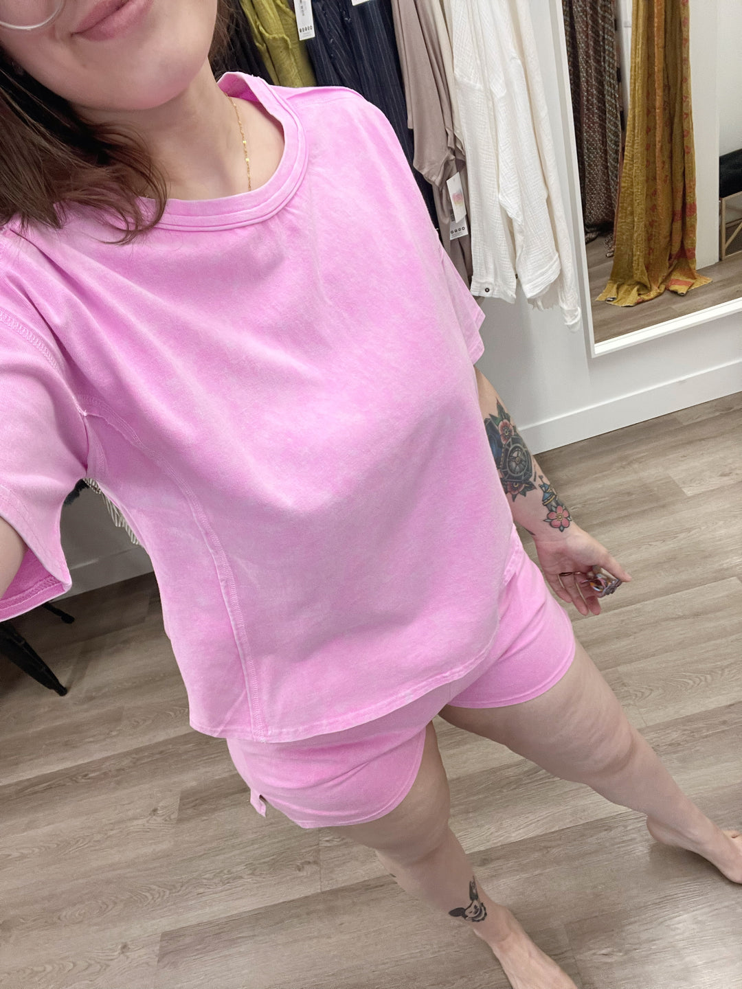 FLASH SALE! Womens Acid Wash Pink Shorts/Tee/Pajama Set - Esme and Elodie
