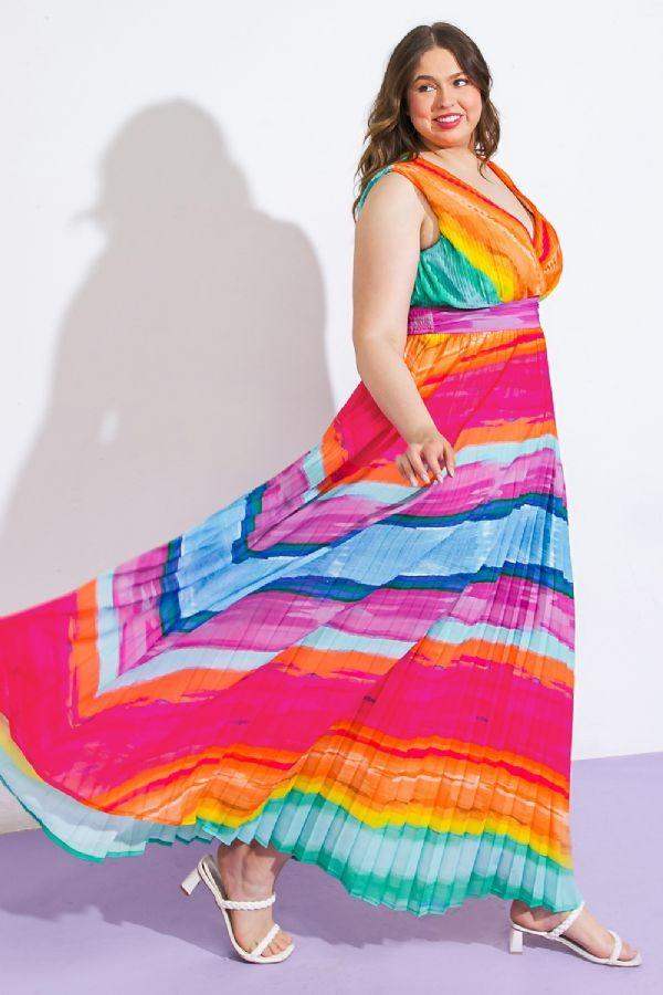 Flying Tomato Rainbow Sleeveless V-Neck Maxi Dress - Esme and Elodie