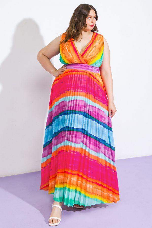 Flying Tomato Rainbow Sleeveless V-Neck Maxi Dress - Esme and Elodie
