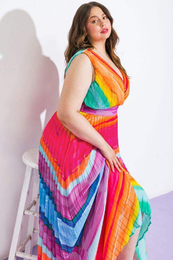 Flying Tomato Rainbow Sleeveless V-Neck Maxi Dress - Esme and Elodie