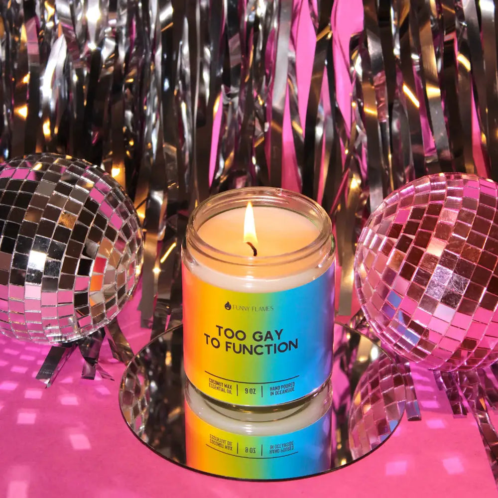 Funny Flames Candle Co - Les Creme - Too Gay To Function Candle - Funny LGBTQ Candle, Gay Pride - Esme and Elodie