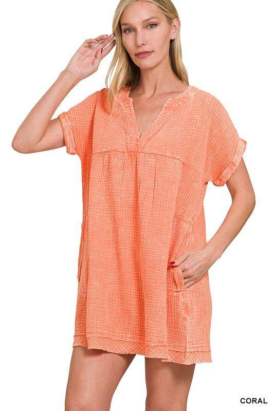 womens double gauze dress in coral