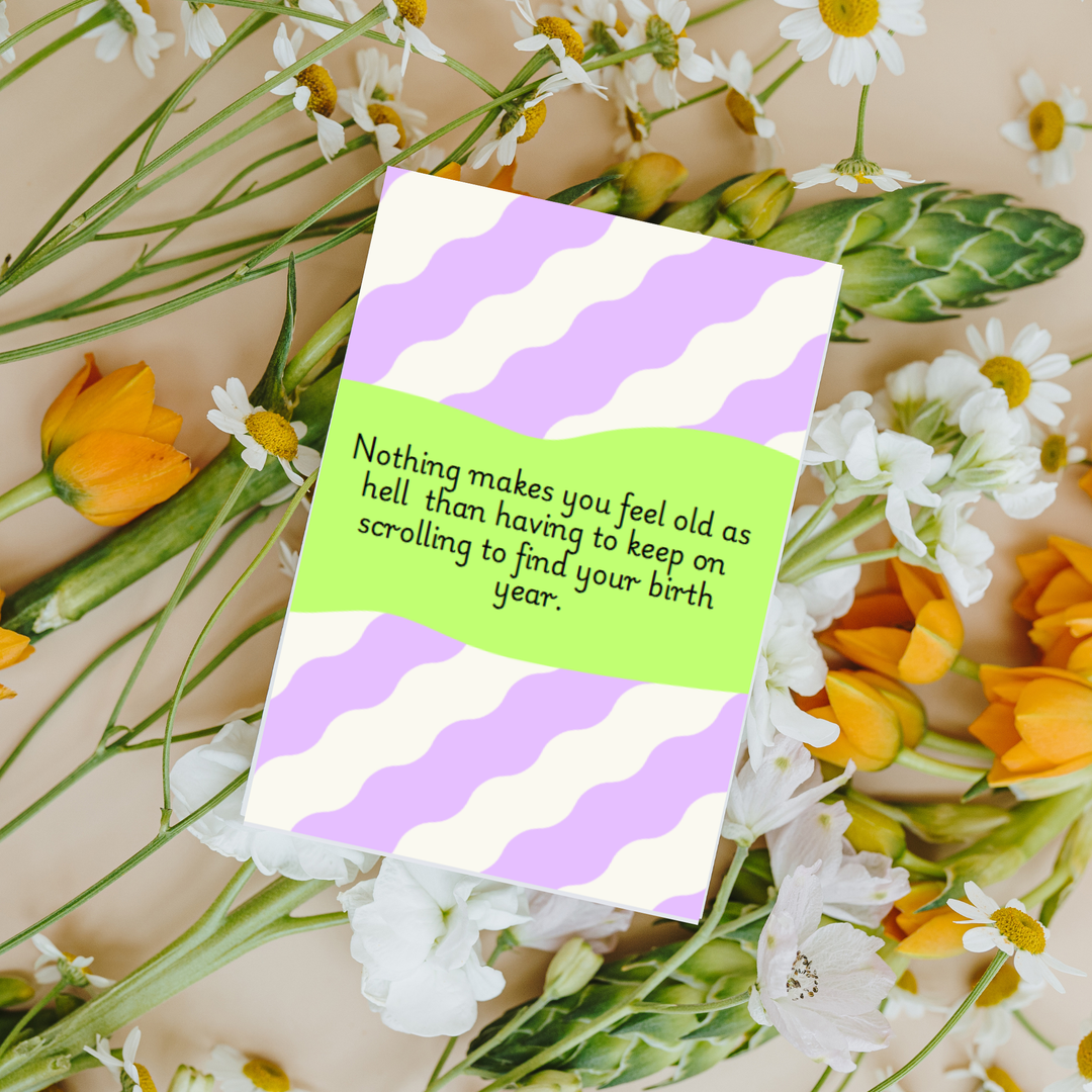 Hells Bells Co.- Happy Birthday Scroll your age Greeting Card - Esme and Elodie