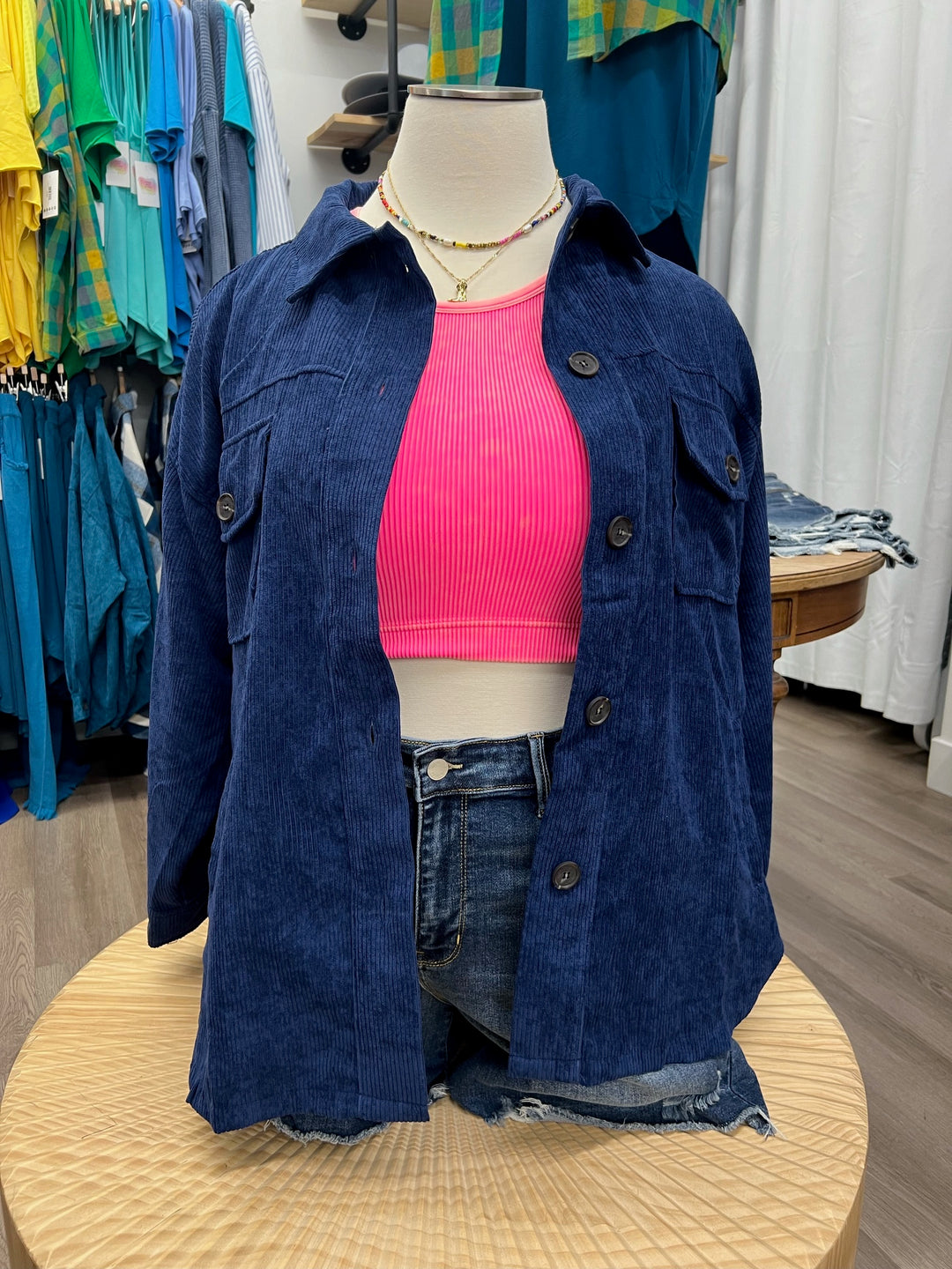 Plus Size oversize corduroy button front jacket in Navy