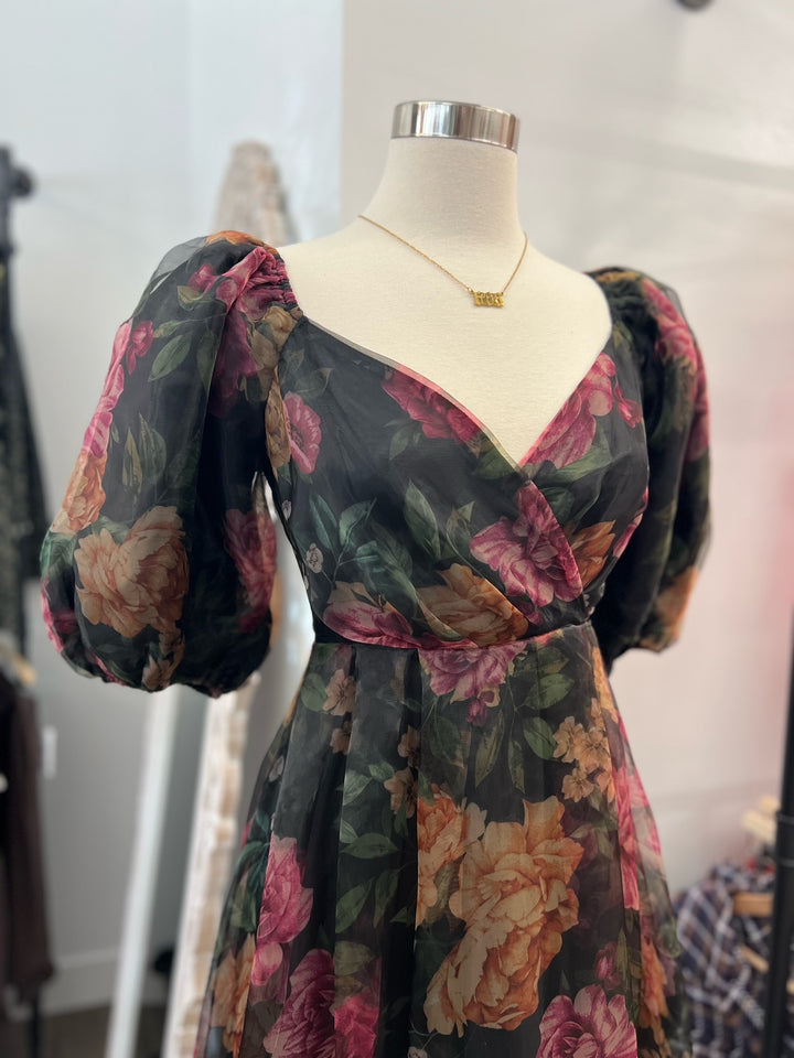 Women's Sheer Dark Academia Puff Sleeve Floral Dress