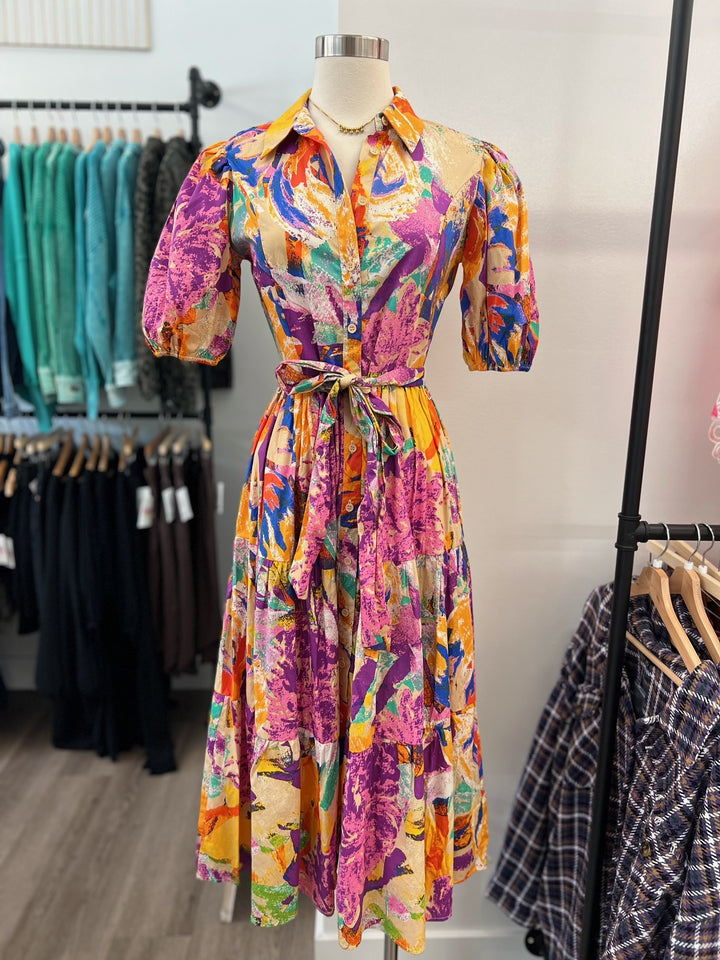 Women's printed poplin shirt dress in bright floral