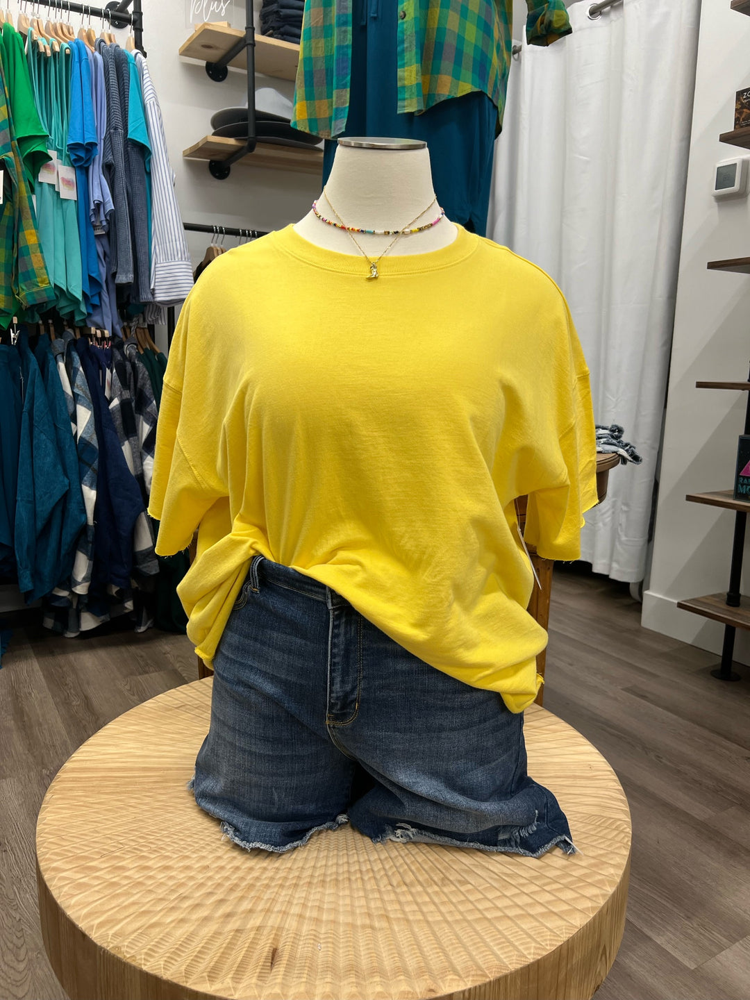 Plus Size terry drop sleeve raw edge top in BRIGHT YELLOW