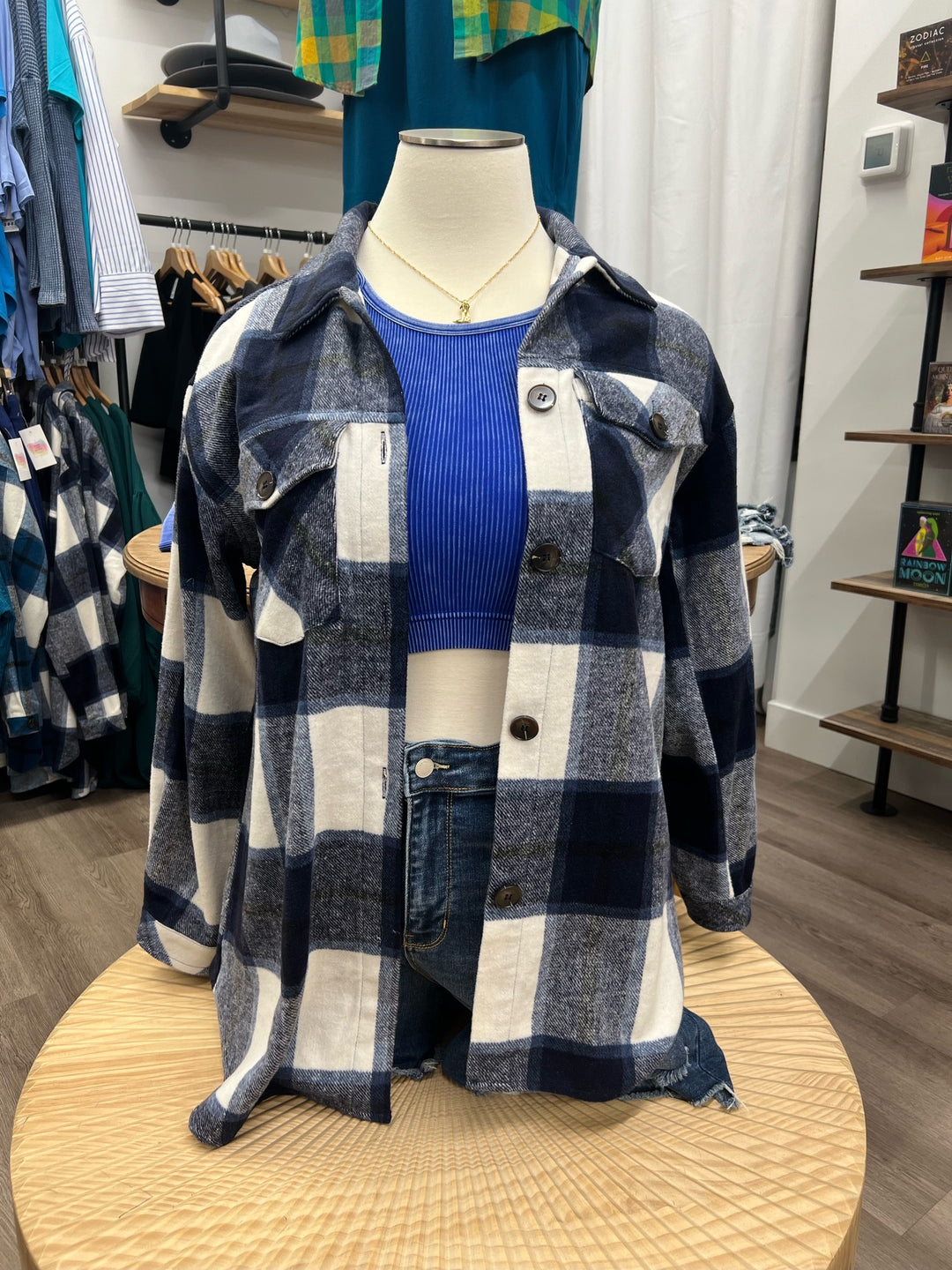 Plus Size Plaid shacket in navy blue