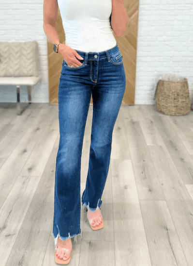 Judy Blue Mid Rise Bootcut- nondistressed leg, frayed leg hem dark wash - Esme and Elodie