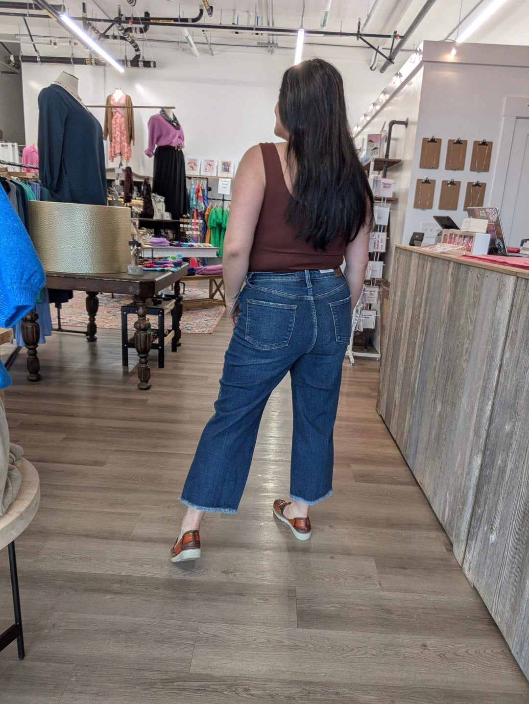 judy blue wide legs worn on woman in seattle