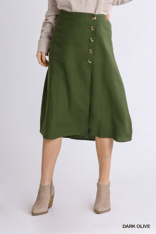 Womens linene blend midi wrap skirt in olive
