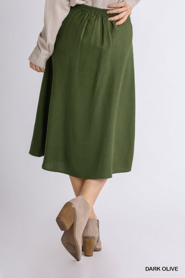 Womens linene blend midi wrap skirt in olive