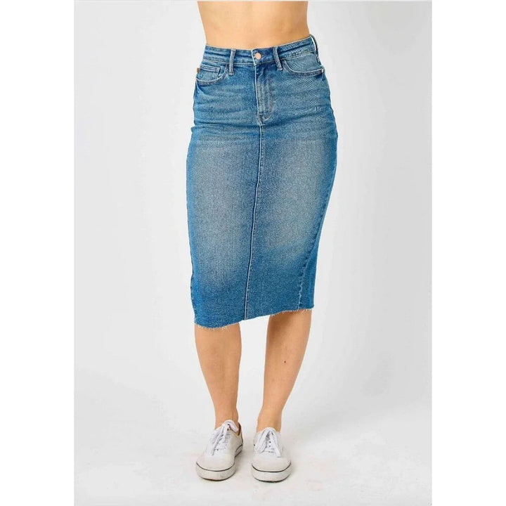 Plus Size Judy Blue High Waisted Midi Length Denim Skirt