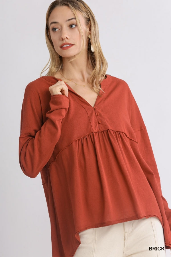 Plus Size Umgee Linen Blend Split V-Neck Button Front Long Sleeve Top with Raw Hem