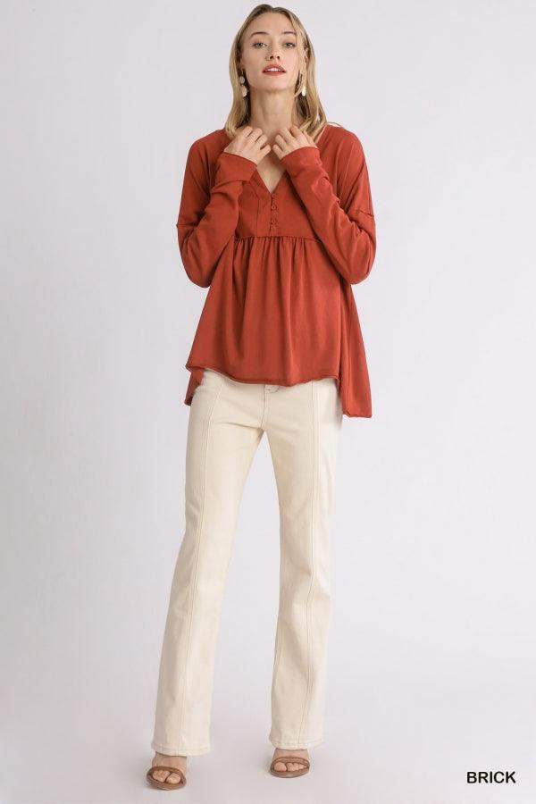 Womens Umgee Linen Blend Split V-Neck Button Front Long Sleeve Top with Raw Hem