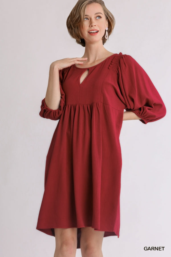 Womens linen blend keyhole dress with smocked shoulder in WIne