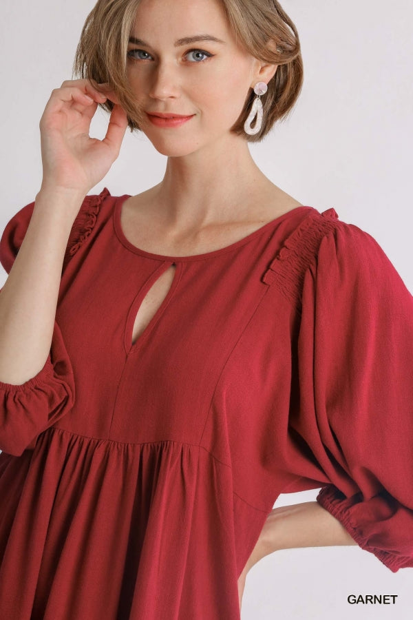 Womens linen blend keyhole dress with smocked shoulder in WIne