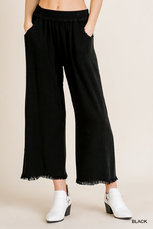 Womens Umgee Wide Leg Pant with Elastic Waist, Pockets, and Frayed Hem in Black