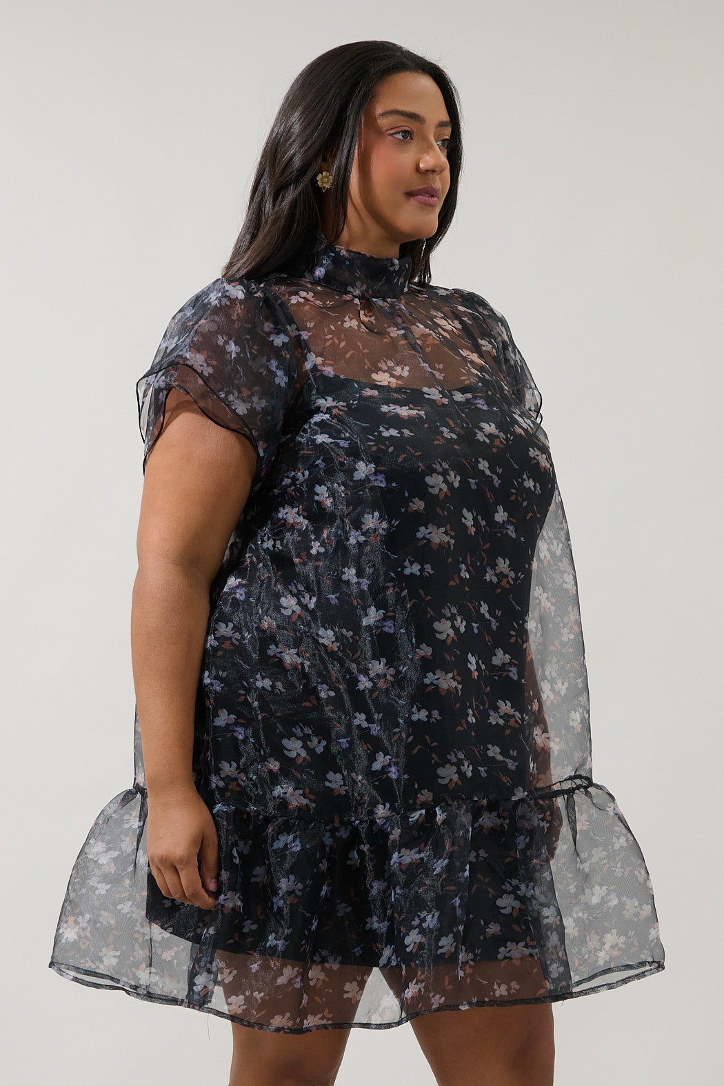 Plus Black Multi Floral Organza Mini Shift Dress