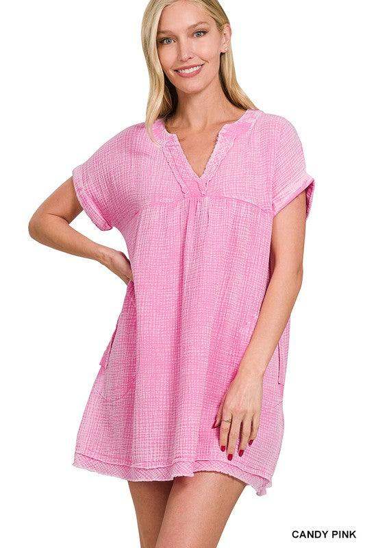 pink casual dress in double gauze cotton