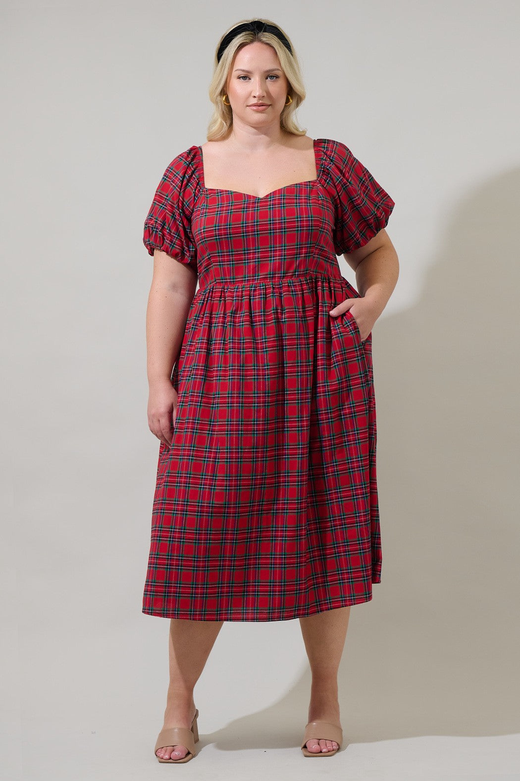 Plus Plaid Puff Sleeve Midi Dress Curve