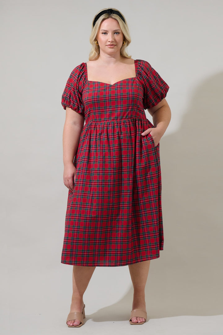 Plus Plaid Puff Sleeve Midi Dress Curve