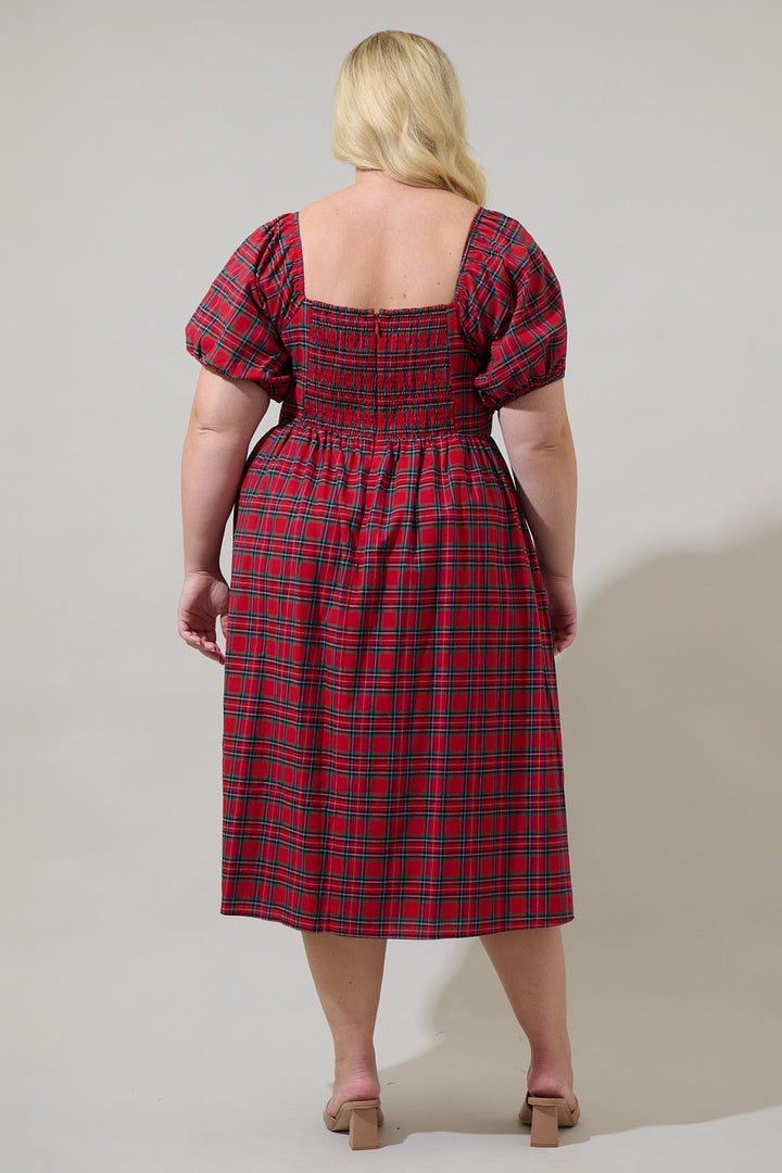 Plus Plaid Puff Sleeve Midi Dress Curve
