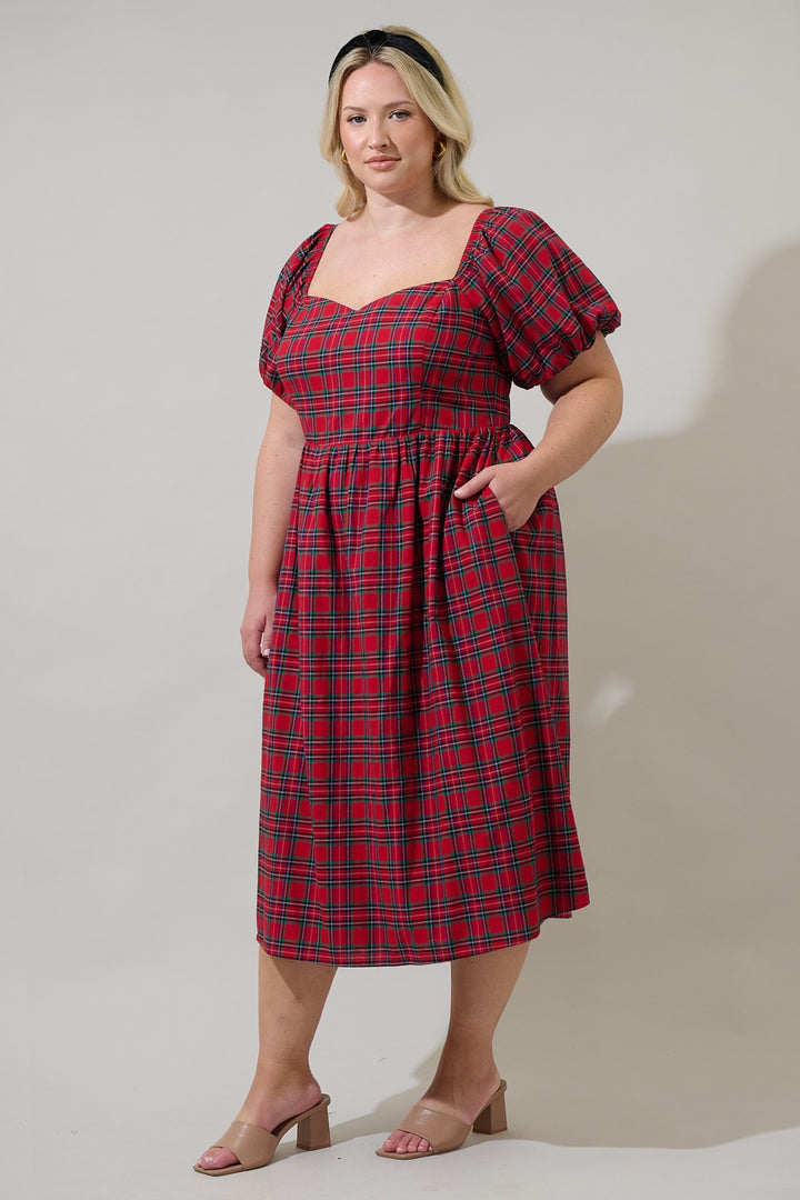 Plus Plaid Puff Sleeve Midi Dress Curve