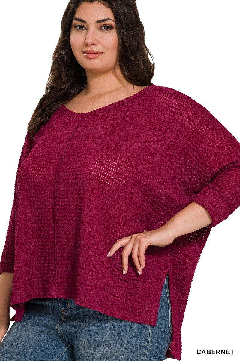 Plus 3/4 Sleeve V-Neck Hi-Lo Hem Jacquard Sweater in Cabernet - Esme and Elodie