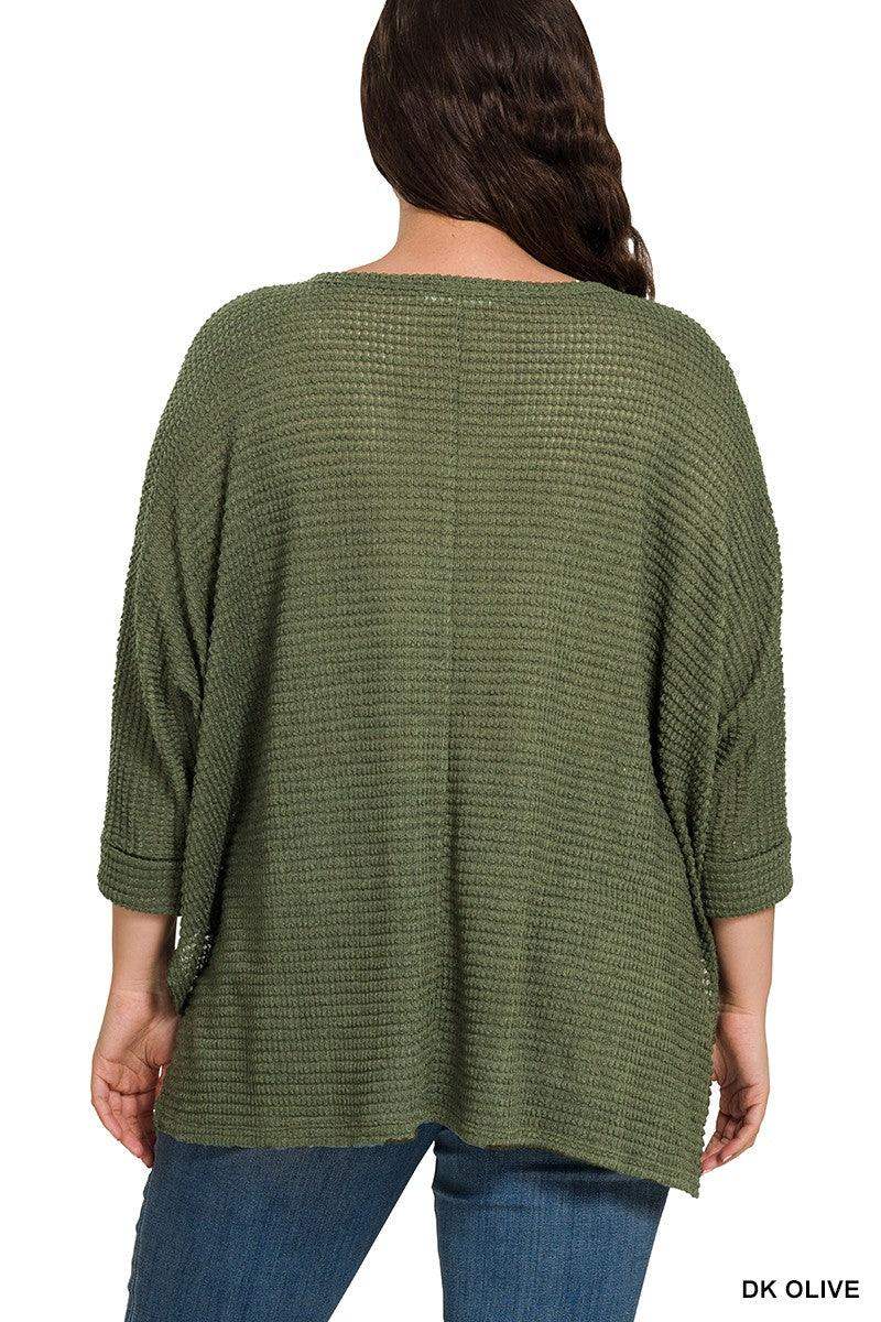 Plus 3/4 Sleeve V-Neck Hi-Lo Hem Jacquard Sweater in Dk Olive - Esme and Elodie