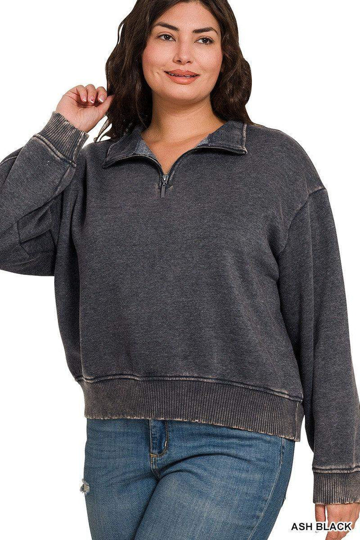 PLUS ACID WASH FLEECE HALF ZIP PULLOVER -Ash Black - Esme and Elodie