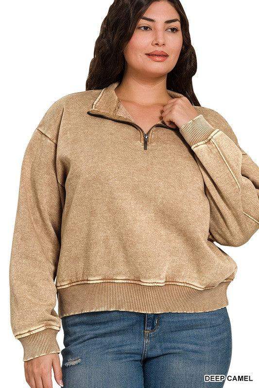 PLUS ACID WASH FLEECE HALF ZIP PULLOVER -Deep Camel - Esme and Elodie