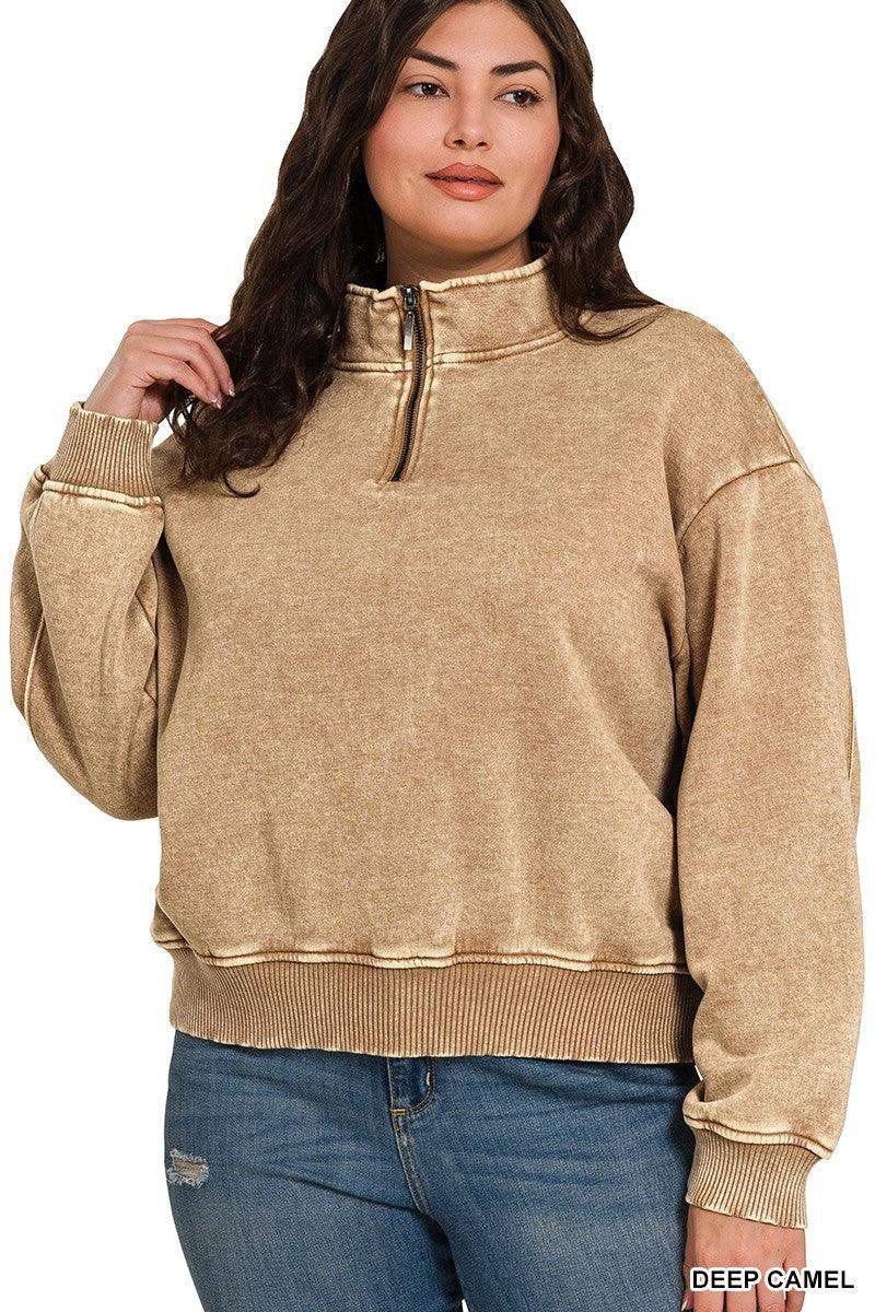 PLUS ACID WASH FLEECE HALF ZIP PULLOVER -Deep Camel - Esme and Elodie