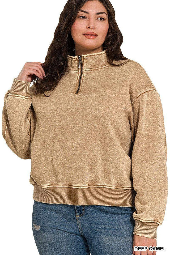 PLUS ACID WASH FLEECE HALF ZIP PULLOVER -Deep Camel - Esme and Elodie