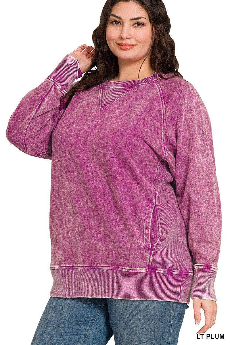PLUS ACID WASHED FRENCH TERRY PULLOVER W POCKETS - Light Plum - Esme and Elodie