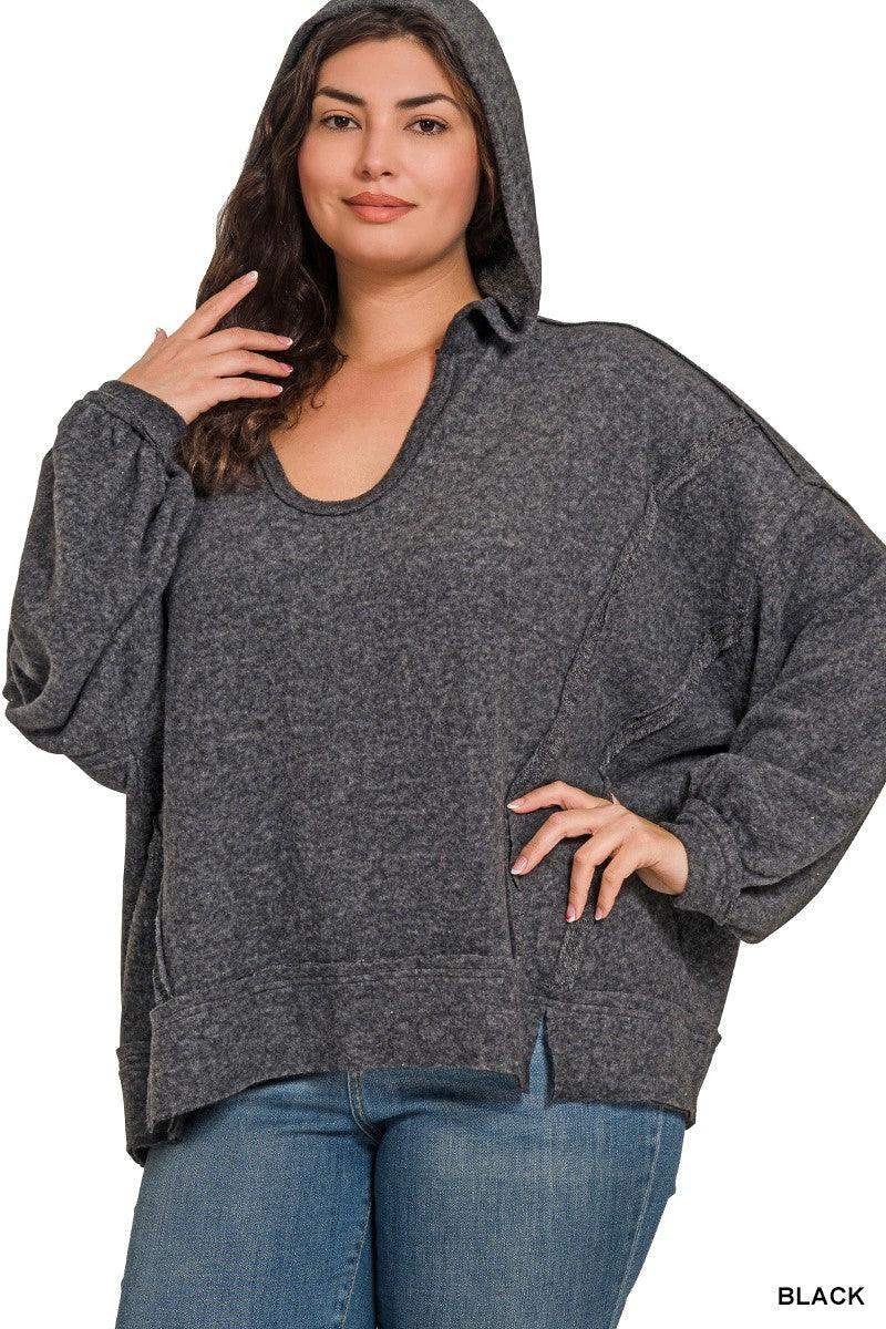 PLUS BRUSHED HACCI BALLOON SLEEVE HOODIE in Black - Esme and Elodie