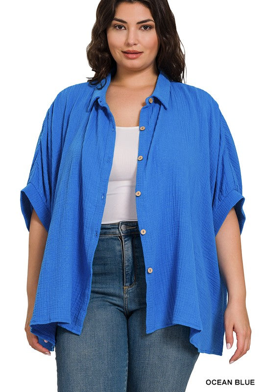 PLUS DOUBLE GAUZE 3/4 SLEEVE BUTTON UP SHIRT in ocean blue - Esme and Elodie