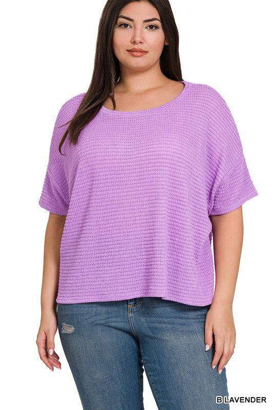 PLUS DROP SHOULDER SHORT SLEEVE JACQUARD SWEATER IN LAVENDER - Esme and Elodie