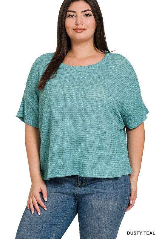 PLUS DROP SHOULDER SHORT SLEEVE JACQUARD SWEATER IN LIGHT BLUE - Esme and Elodie