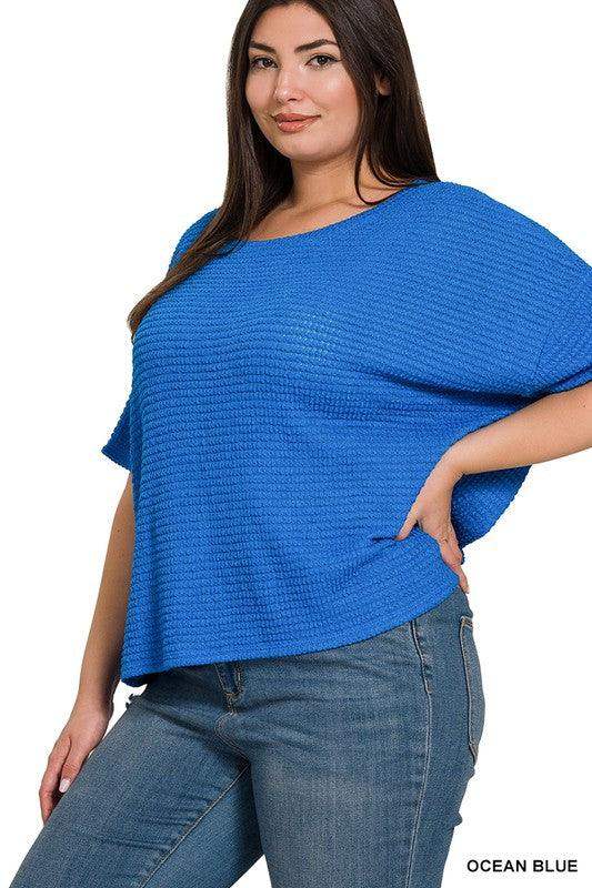 PLUS DROP SHOULDER SHORT SLEEVE JACQUARD SWEATER IN OCEAN BLUE - Esme and Elodie