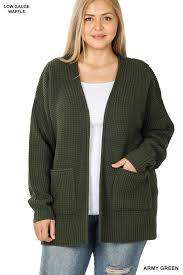 PLUS LOW GAUGE WAFFLE OPEN CARDIGAN SWEATER IN ARMY GREEN - Esme and Elodie